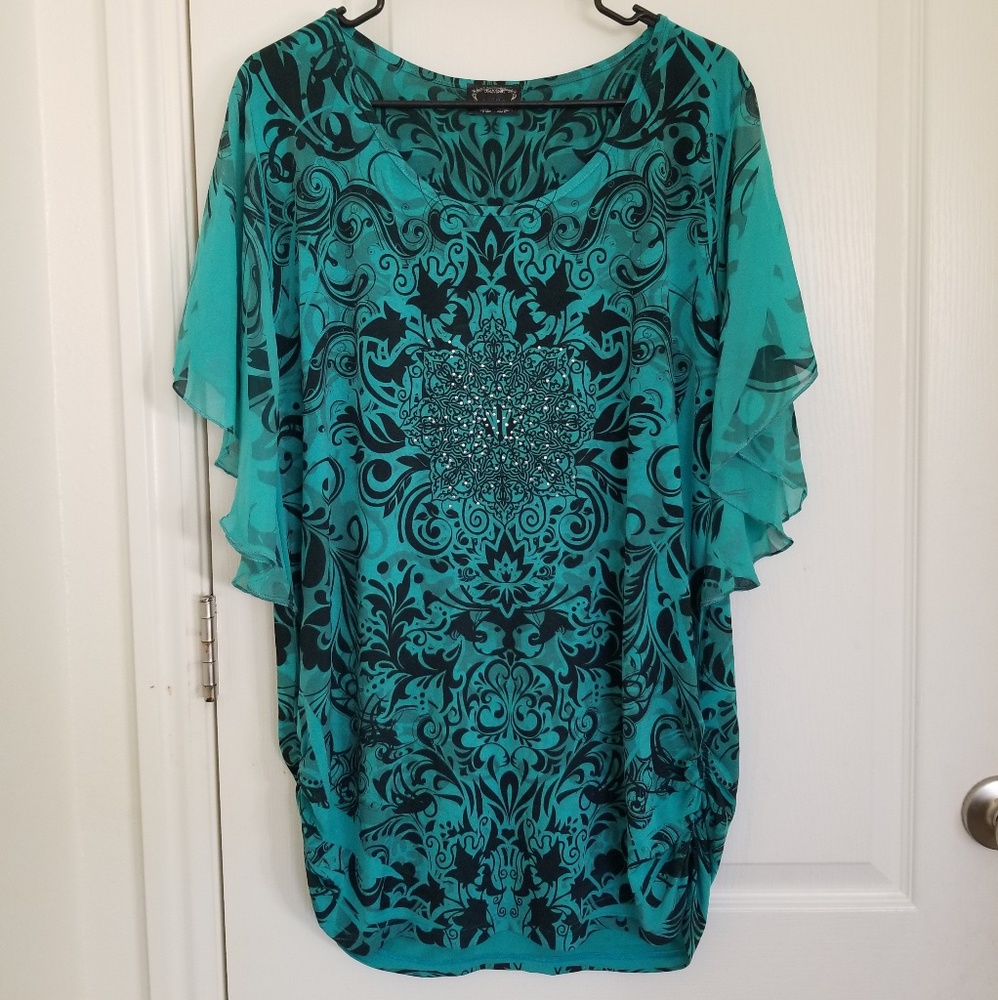 Art Deco Teal and Black Flutter Sleeve